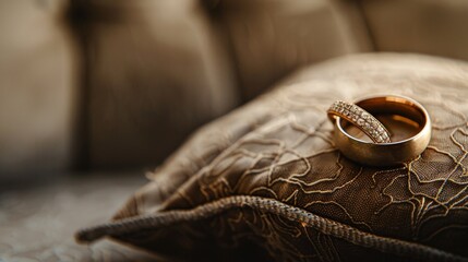 A high-quality stock image of a pair of wedding rings on a decorative pillow on the right side, leaving space on the left for text. Ideal for wedding announcements, engagement promotions.