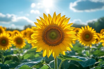 A vibrant sunflower in a field, basking in sunlight with other sunflowers in the background.