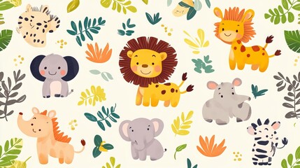 This adorable vector illustration features a lively pattern of African baby animals. Its playful design is perfect for nurseries and baby-themed products, creating a whimsical 