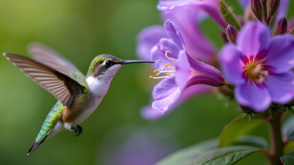 Fototapeta premium Ruby Throated Hummingbird Feeding on Honeysuckle Flowers in Summer.