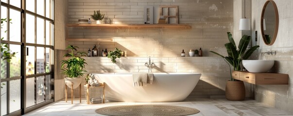 Fototapeta premium Modern bathroom with a soaking tub and floating shelves, 4K hyperrealistic photo