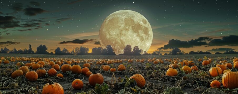 Harvest moon rising over a pumpkin field, 4K hyperrealistic photo