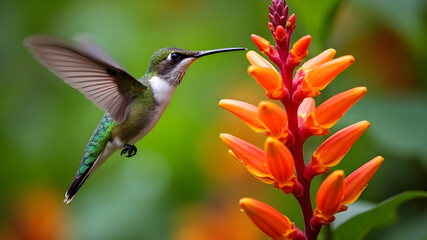 Fototapeta premium Ruby Throated Hummingbird Feeding on Honeysuckle Flowers in Summer.