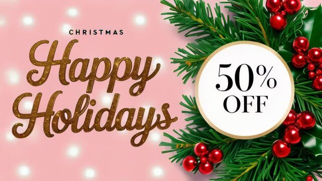 Special offer, Christmas sale, up to 50% off, beautiful discount banner with Christmas decorations and text "Happy holidays". AI banner