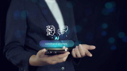  Digital chatbot, open command prompt to generate something, Artificial intelligence technology automatically responds to online messages to help customers instantly.AI tech chatbot concept.