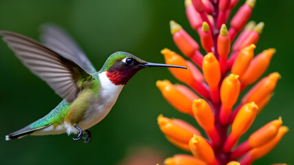Fototapeta premium Ruby Throated Hummingbird Feeding on Honeysuckle Flowers in Summer.