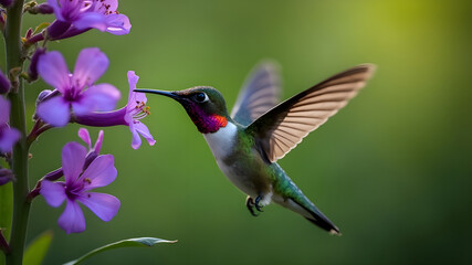 Naklejka premium Ruby Throated Hummingbird Feeding on Honeysuckle Flowers in Summer.