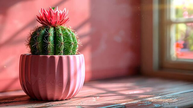 Cactus in a pink pot by a sunlit window, vibrant indoor plant concept
