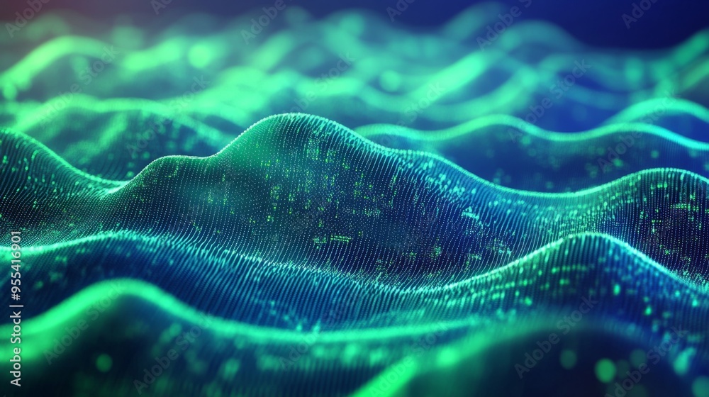 Poster abstract digital waves in shades of blue and green, representing data flow and technology