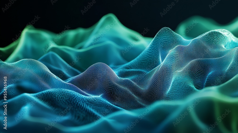 Poster abstract digital waves in shades of blue and green, representing data flow and technology