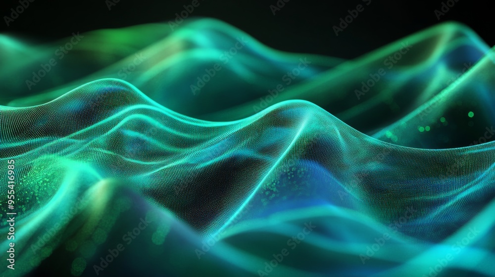Poster abstract digital waves in shades of blue and green, representing data flow and technology