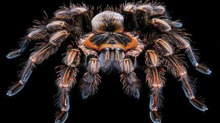 Detailed close up of a mexican red knee tarantula s face set against a dark background