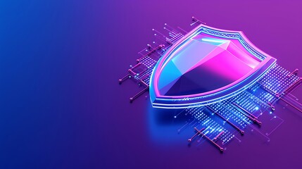 Futuristic digital shield, symbolizing advanced cybersecurity and data protection, with vibrant colors representing modern technology and innovation.