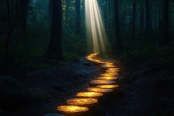 Naklejka premium Pathway made of glowing stones through a dark forest, with light beams breaking through, symbolizing the journey of hope and inspiration