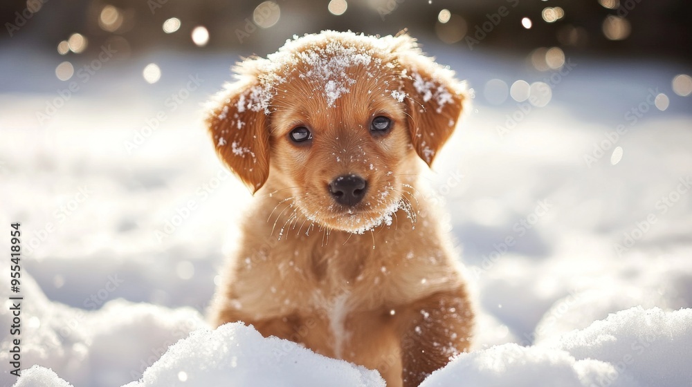 Poster an adorable puppy playing in the snow, its fur dusted with snowflakes and its eyes sparkling with de