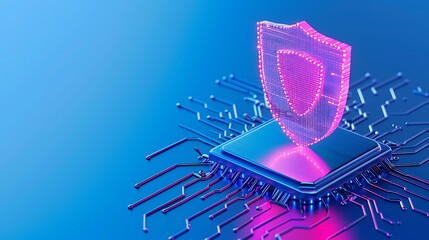 Futuristic digital shield on microchip symbolizing advanced cybersecurity technology and data protection on blue background.