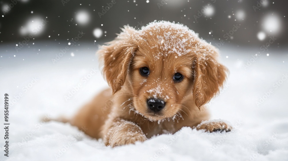 Poster an adorable puppy playing in the snow, its fur dusted with snowflakes and its eyes sparkling with de