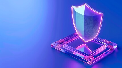 Futuristic digital shield protecting a microchip, representing advanced cybersecurity and data protection technology on a blue background.