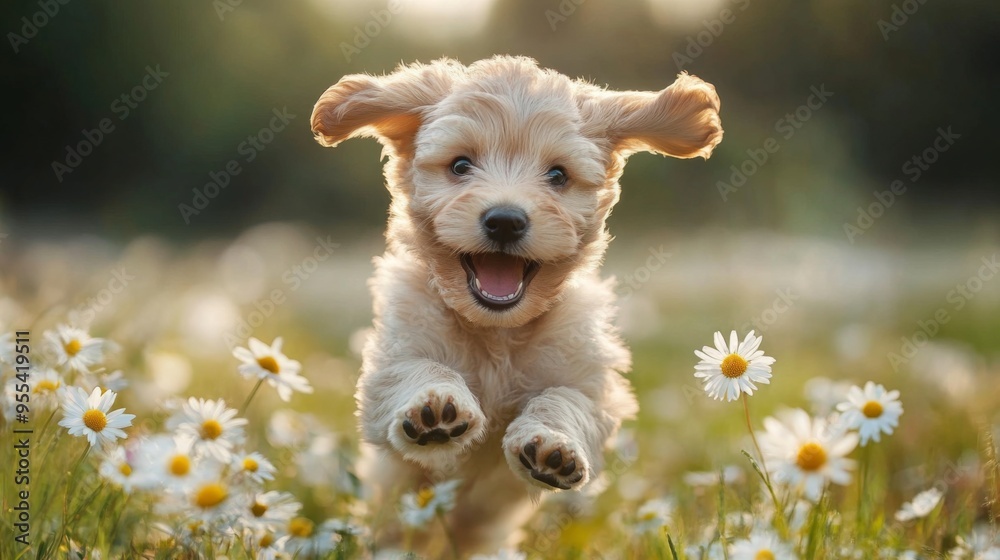 Poster an adorable puppy running through a field of daisies, its ears flapping and a look of pure happiness