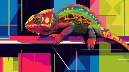 Vibrant chameleon in Neo Brutalism style featuring bold shapes and high contrast colors