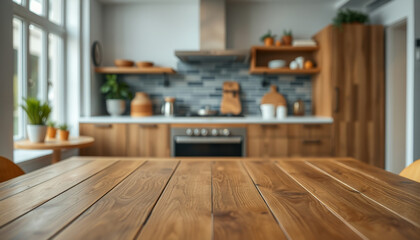 Empty wooden surface on blurred background of modern kitchen