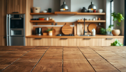 Empty wooden surface on blurred background of modern kitchen