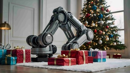 Robotic Arm with Christmas Gifts Under Tree Holiday Tech Decor . Generated AI