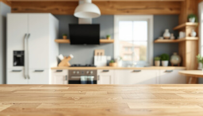 Empty wooden surface on blurred background of modern kitchen