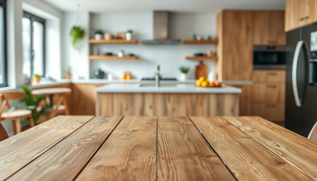 Empty wooden surface on blurred background of modern kitchen