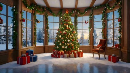 Beautifully Decorated Christmas Tree with Glowing Ornaments in Cozy Room. Generated AI