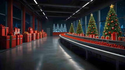 Santa Claus Christmas Factory Gift Assembly Line. Generated AI