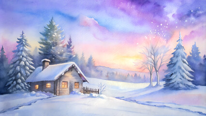 Naklejka premium Watercolor winter scene of a cozy log cabin at sunset with snowy surroundings
