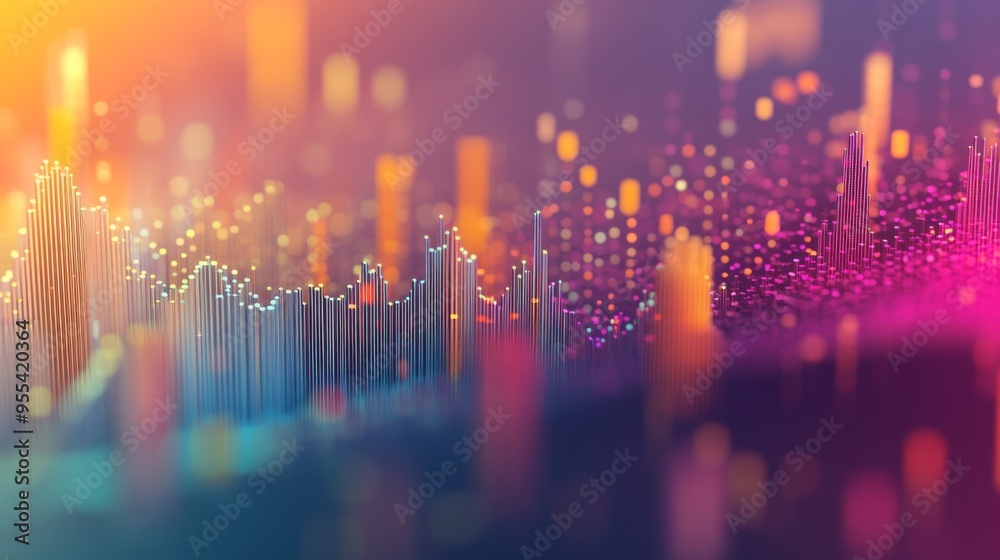 Poster an animated 3d scatter plot with data points in various colors and sizes, displayed with a soft grad