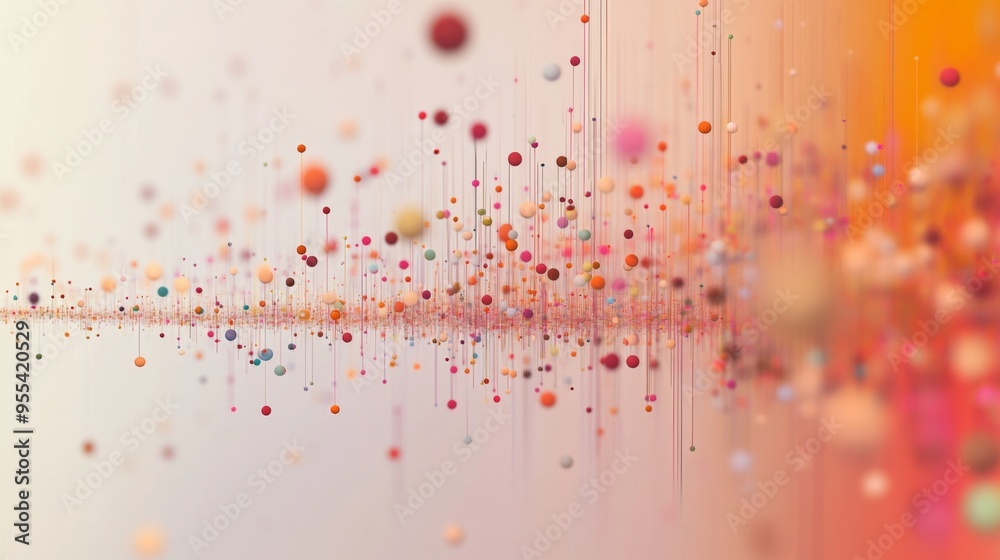Poster an animated 3d scatter plot with data points in various colors and sizes, displayed with a soft grad