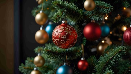 Beautifully Decorated Christmas Tree with Colorful Ornaments and Lights. Generated AI