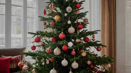 Beautifully Decorated Christmas Tree with Colorful Ornaments and Lights. Generated AI