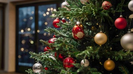 Beautifully Decorated Christmas Tree with Colorful Ornaments and Lights. Generated AI