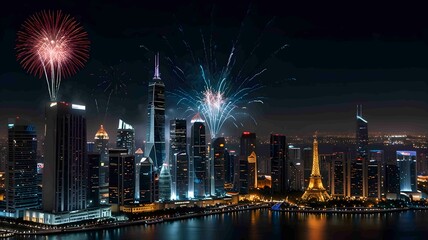 New Year's Eve Fireworks Over a Modern City Skyline. Generated AI