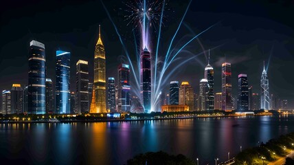 New Year's Eve Fireworks Over a Modern City Skyline. Generated AI
