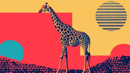 Bold giraffe poster in Neo Brutalism style featuring geometric shapes and vibrant colors