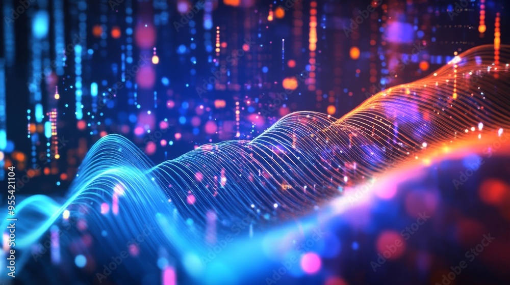 Poster An animated graphic of electrical waves moving across a screen, with smooth transitions and varying frequencies to represent dynamic signal changes.