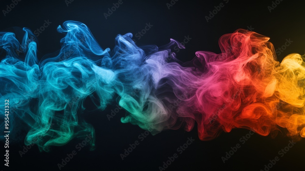 Poster an artistic composition of colorful smoke trails dancing in the air, with a gradient of colors from 