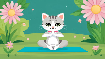 Fototapeta premium cute cartoon cat in yoga pose , flowers, flat design illustration