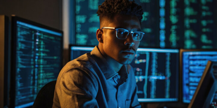 Focused african american programmer in eyeglasses working on computer in dark office