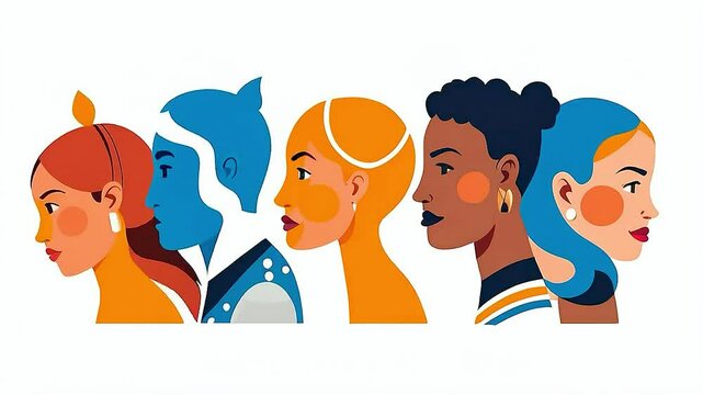 A line of  women  with different skin tones and  hairstyles 