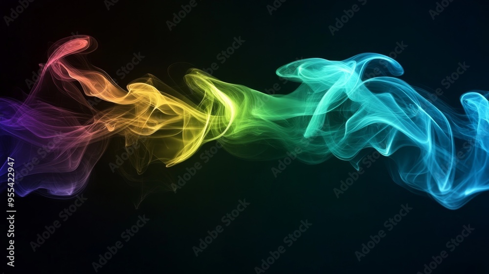 Poster an artistic composition of colorful smoke trails dancing in the air, with a gradient of colors from 
