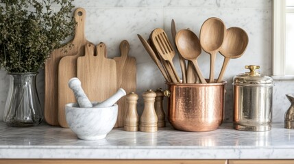 An elegant kitchen setup featuring copper pots, marble mortar and pestle, and wooden spatulas arranged on a marble countertop, exuding timeless sophistication.