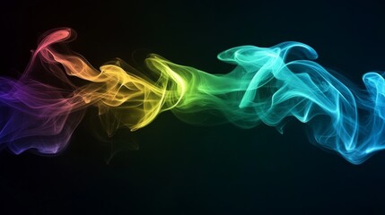 Fototapeta premium An artistic composition of colorful smoke trails dancing in the air, with a gradient of colors from blue to green, set against a black background.