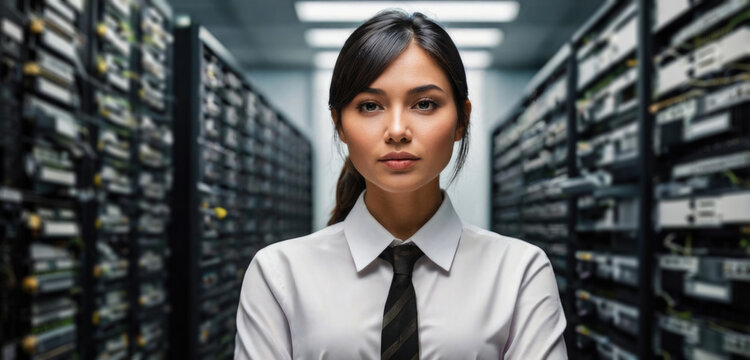 young asian businesswoman in datacenter server room looking at camera
