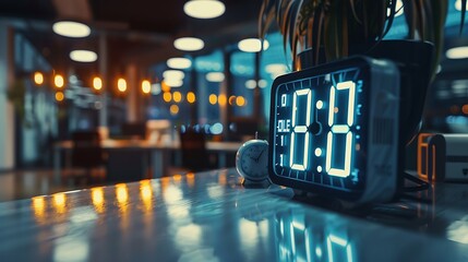 A digital clock with a large LED display showing the time and date, placed on a clean office desk.